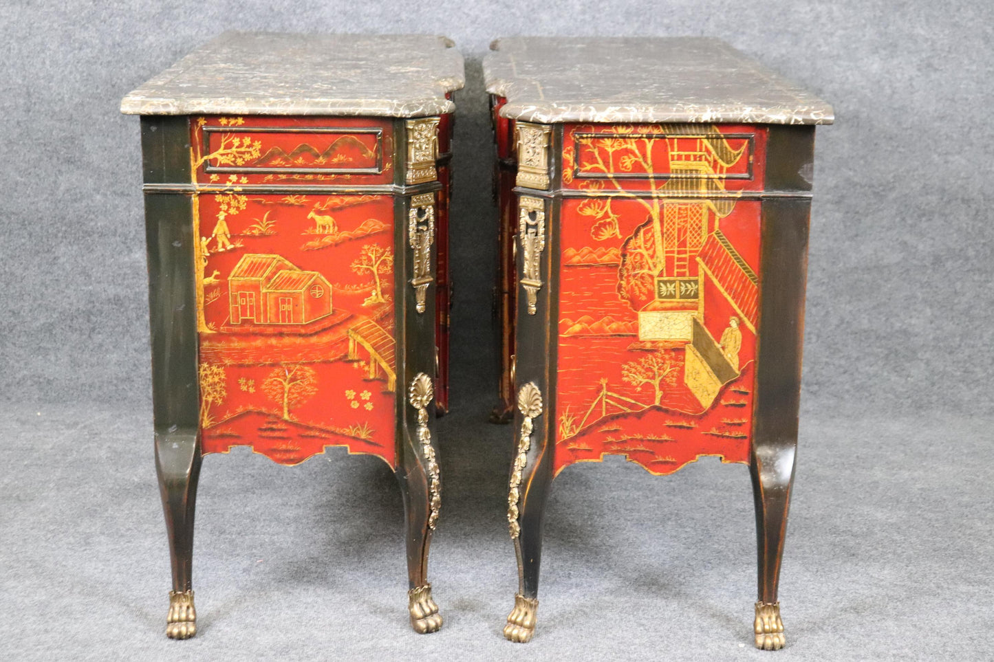 Pair Red Gold Chinoiserie French Louis XV Style Maitland Smith Marble Commodes