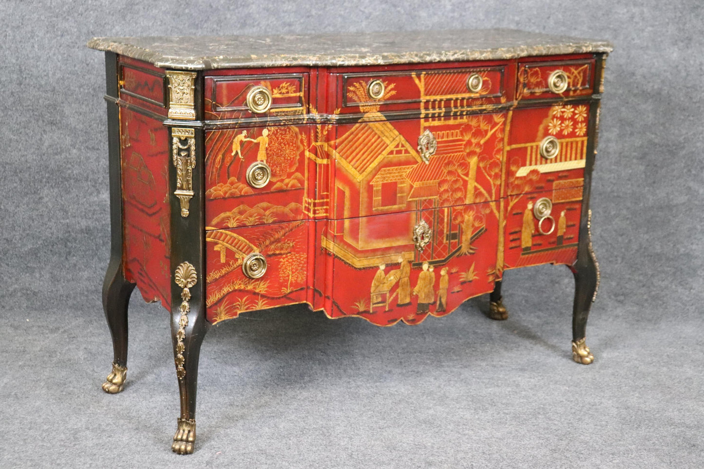 Pair Red Gold Chinoiserie French Louis XV Style Maitland Smith Marble Commodes