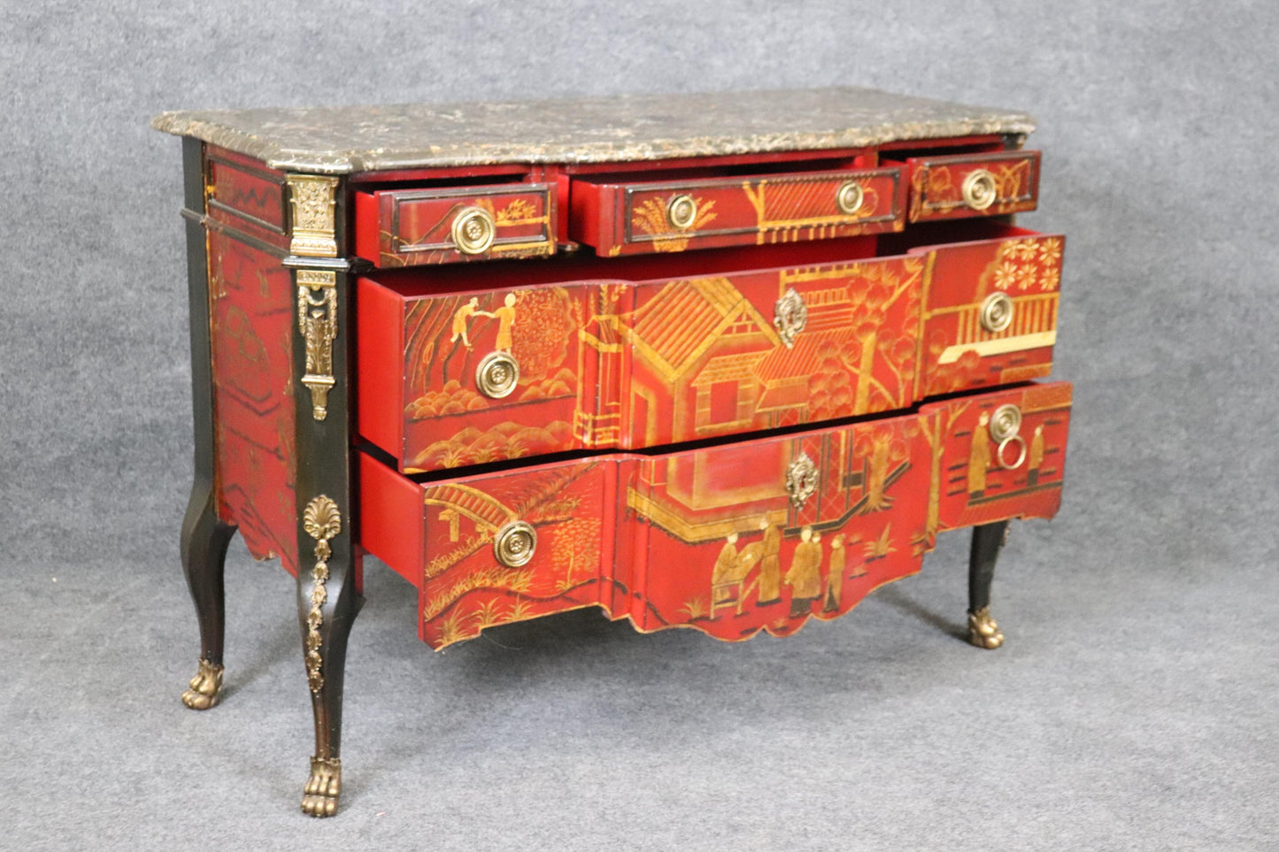 Pair Red Gold Chinoiserie French Louis XV Style Maitland Smith Marble Commodes