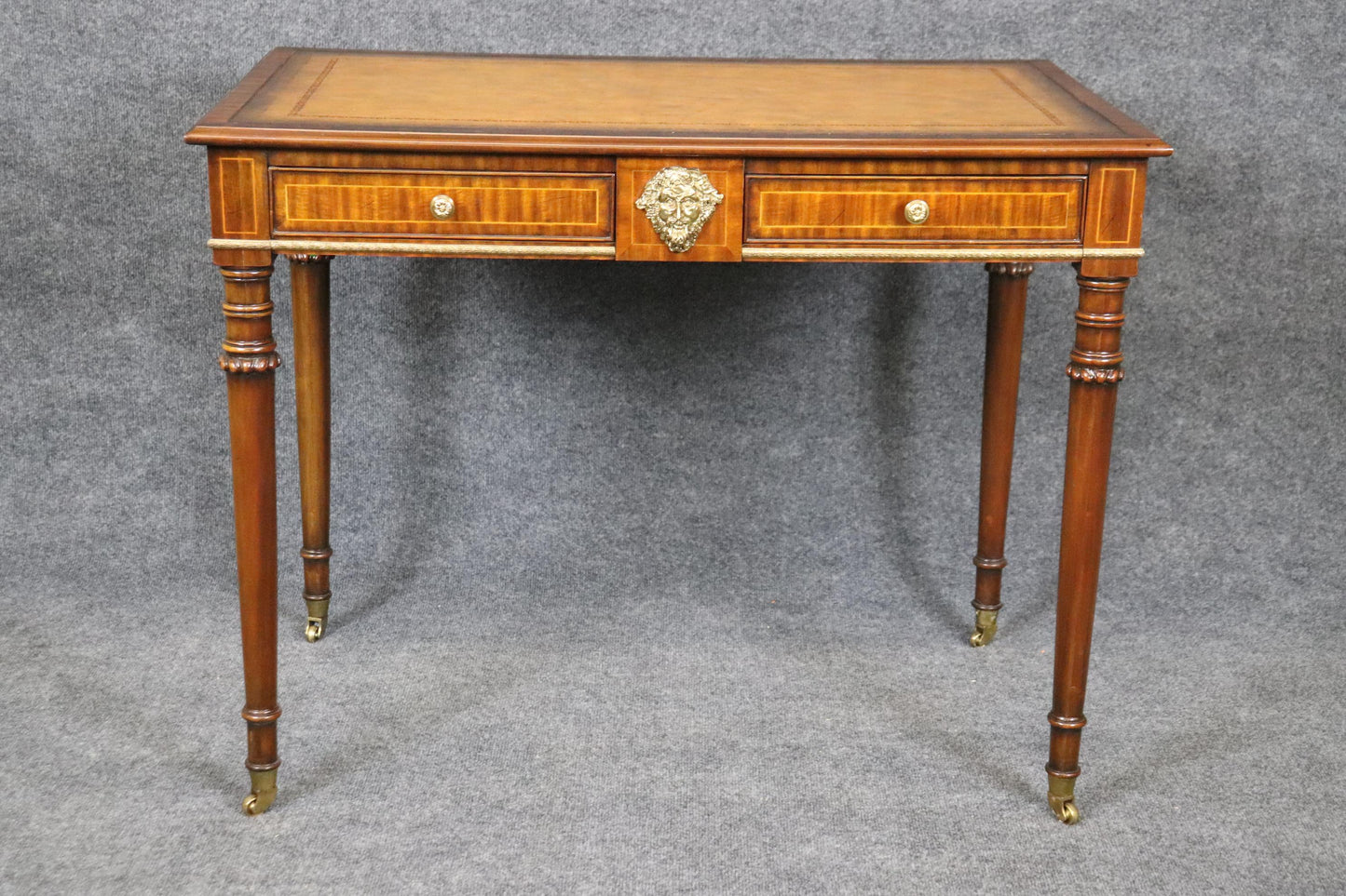 Yellow Ochre Leather Top Maitland Smith Regency Mahogany Desk with Trays