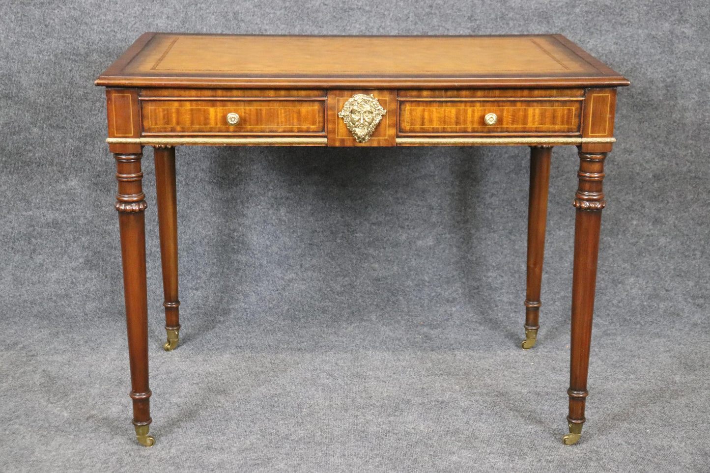 Yellow Ochre Leather Top Maitland Smith Regency Mahogany Desk with Trays