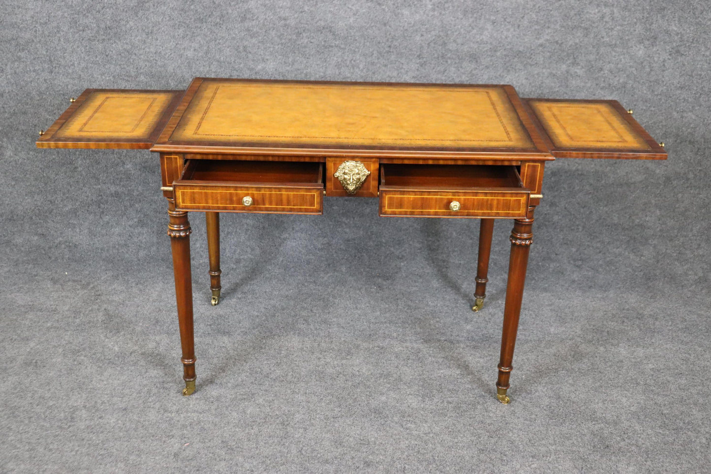 Yellow Ochre Leather Top Maitland Smith Regency Mahogany Desk with Trays