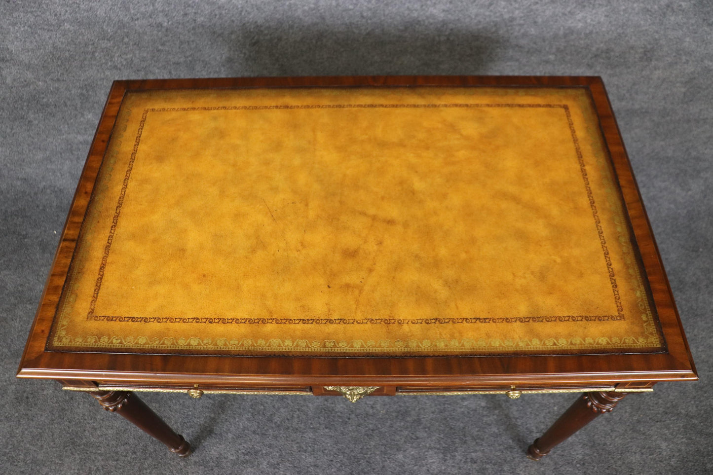 Yellow Ochre Leather Top Maitland Smith Regency Mahogany Desk with Trays