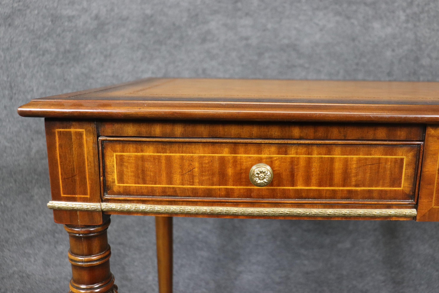 Yellow Ochre Leather Top Maitland Smith Regency Mahogany Desk with Trays