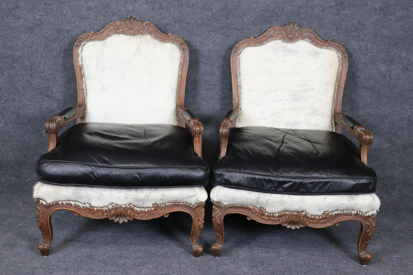 Pair Custom Cowhide and Smooth Black Leather French Louis XV Bergere Chairs