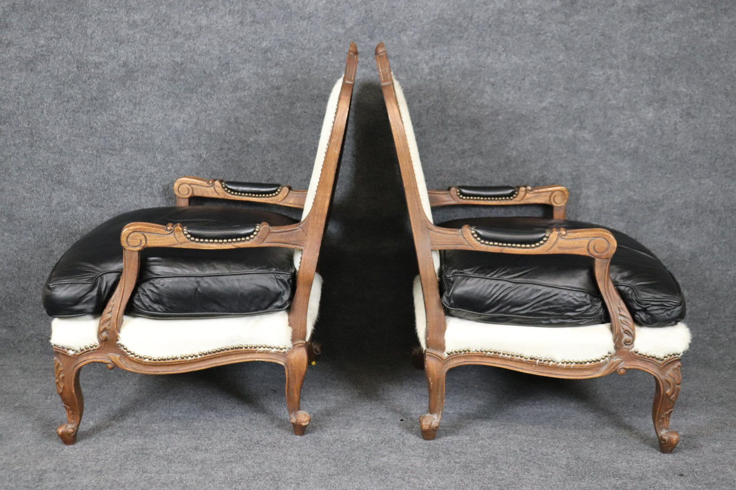 Pair Custom Cowhide and Smooth Black Leather French Louis XV Bergere Chairs