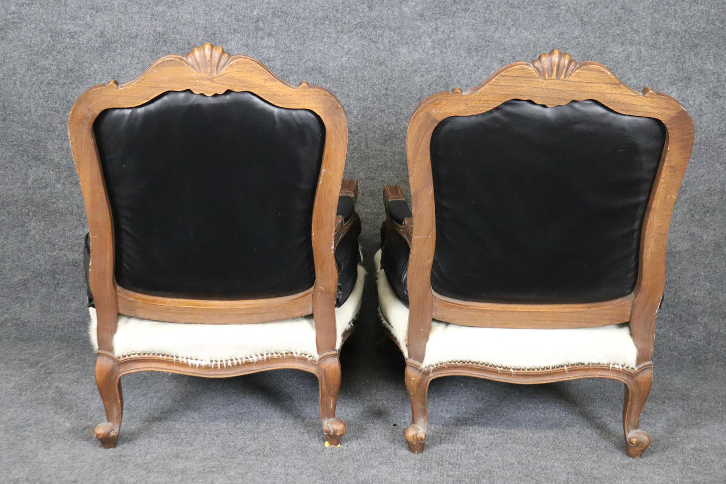 Pair Custom Cowhide and Smooth Black Leather French Louis XV Bergere Chairs