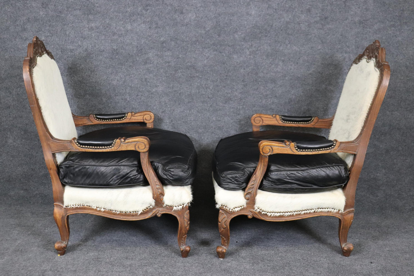 Pair Custom Cowhide and Smooth Black Leather French Louis XV Bergere Chairs