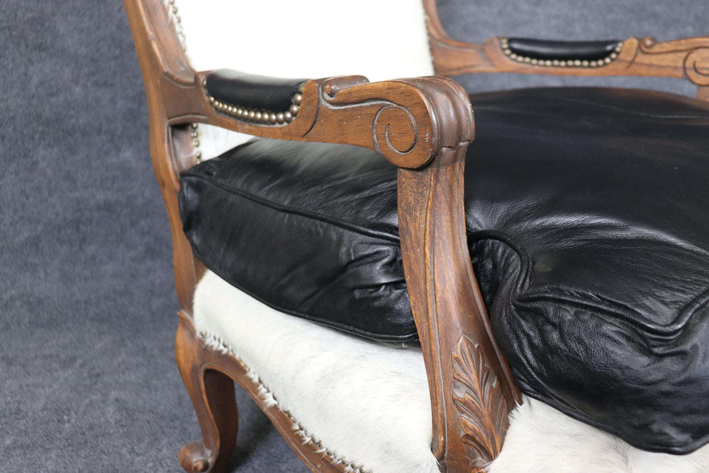 Pair Custom Cowhide and Smooth Black Leather French Louis XV Bergere Chairs