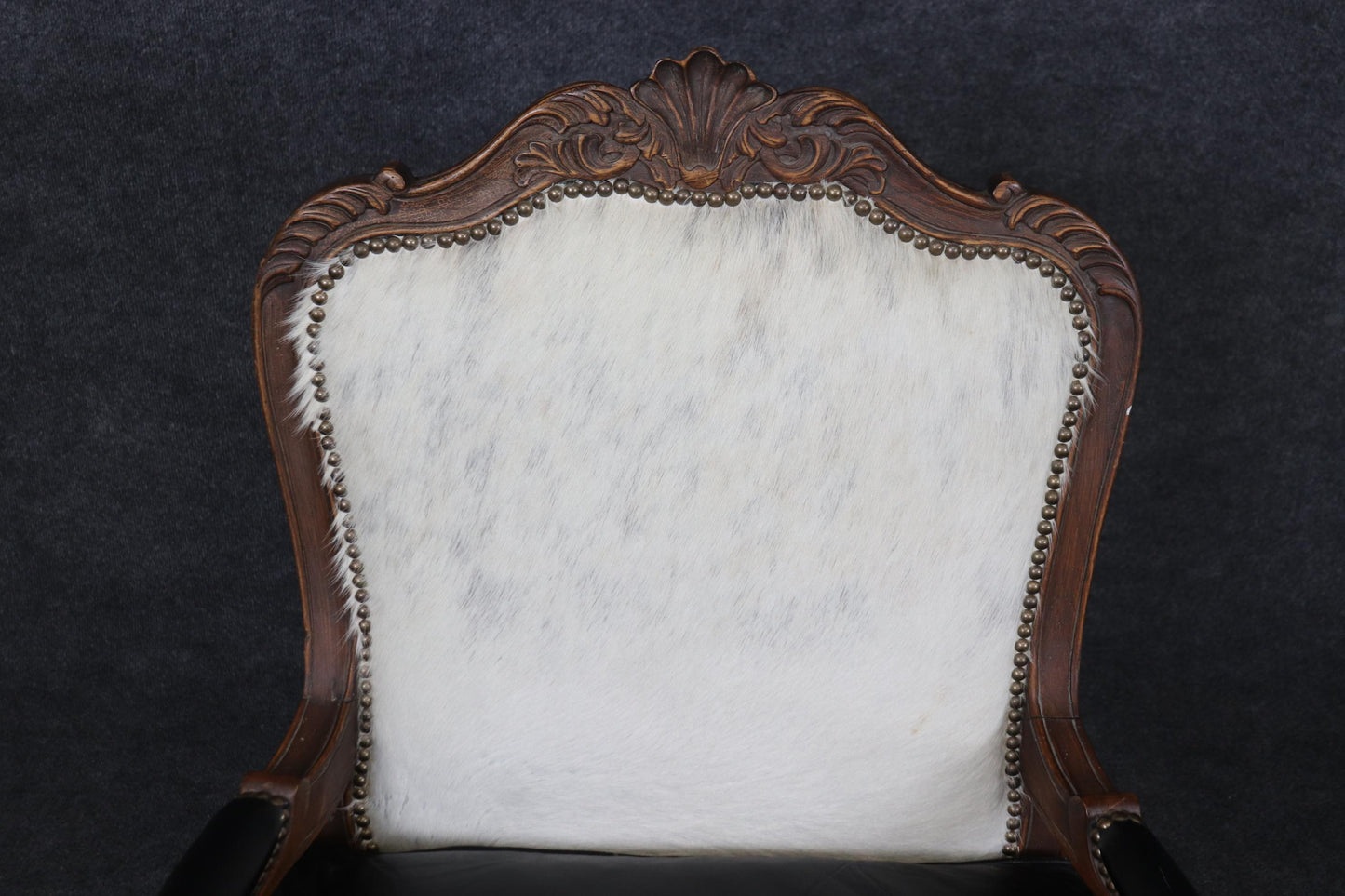 Pair Custom Cowhide and Smooth Black Leather French Louis XV Bergere Chairs