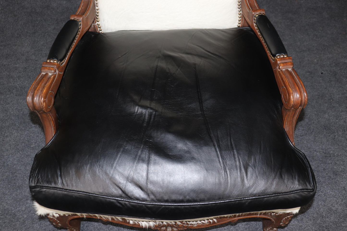 Pair Custom Cowhide and Smooth Black Leather French Louis XV Bergere Chairs