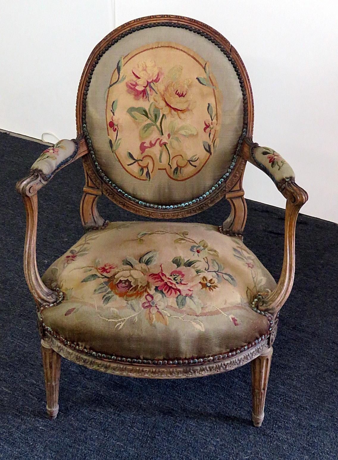 Louis XVI Style Tapestry Fauteuil Open Arm Parlor Chair