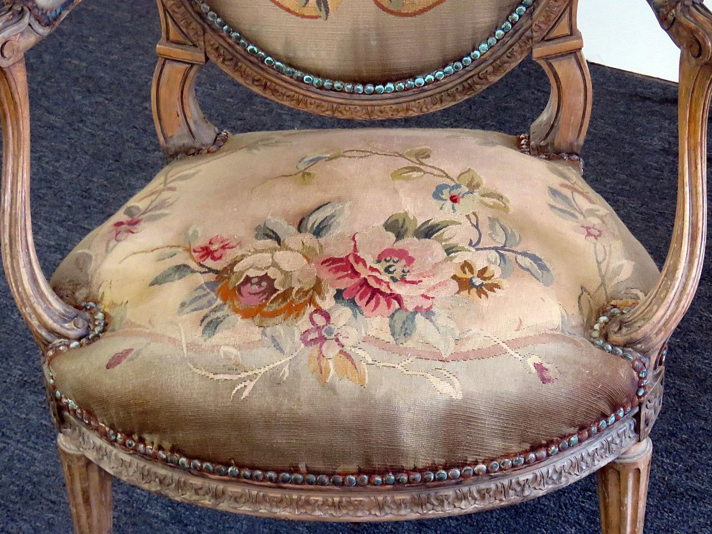 Louis XVI Style Tapestry Fauteuil Open Arm Parlor Chair