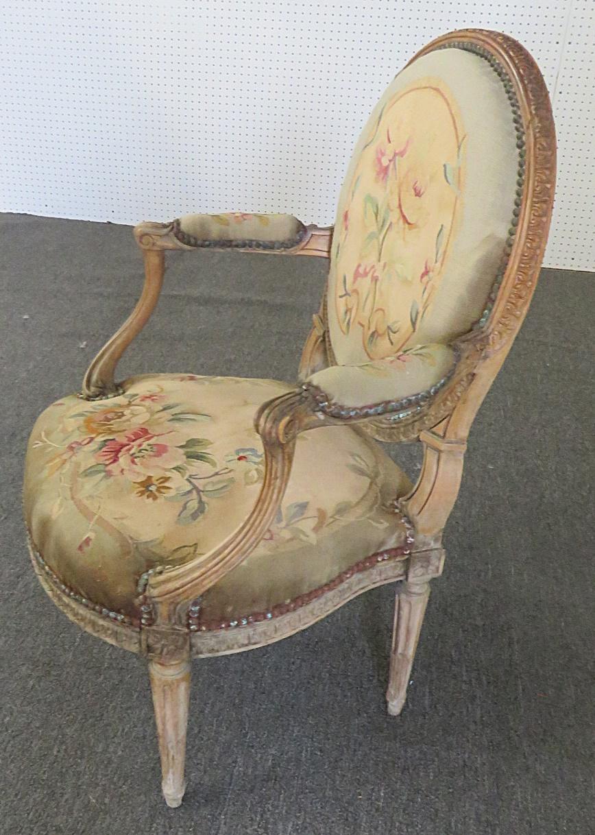 Louis XVI Style Tapestry Fauteuil Open Arm Parlor Chair