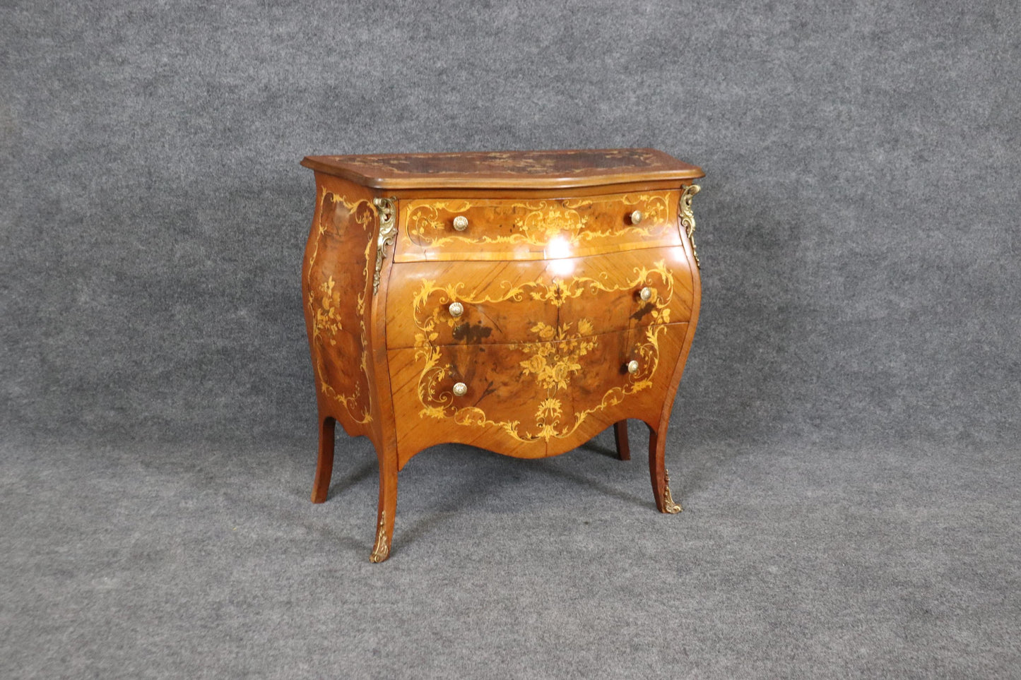 Highly Decorated Bronze Mounted Inlaid Fancy Italian Bombe Form Commode Chest