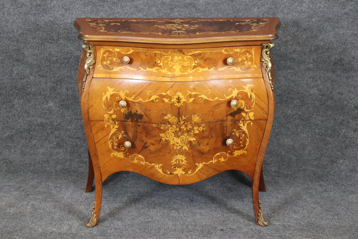 Highly Decorated Bronze Mounted Inlaid Fancy Italian Bombe Form Commode Chest