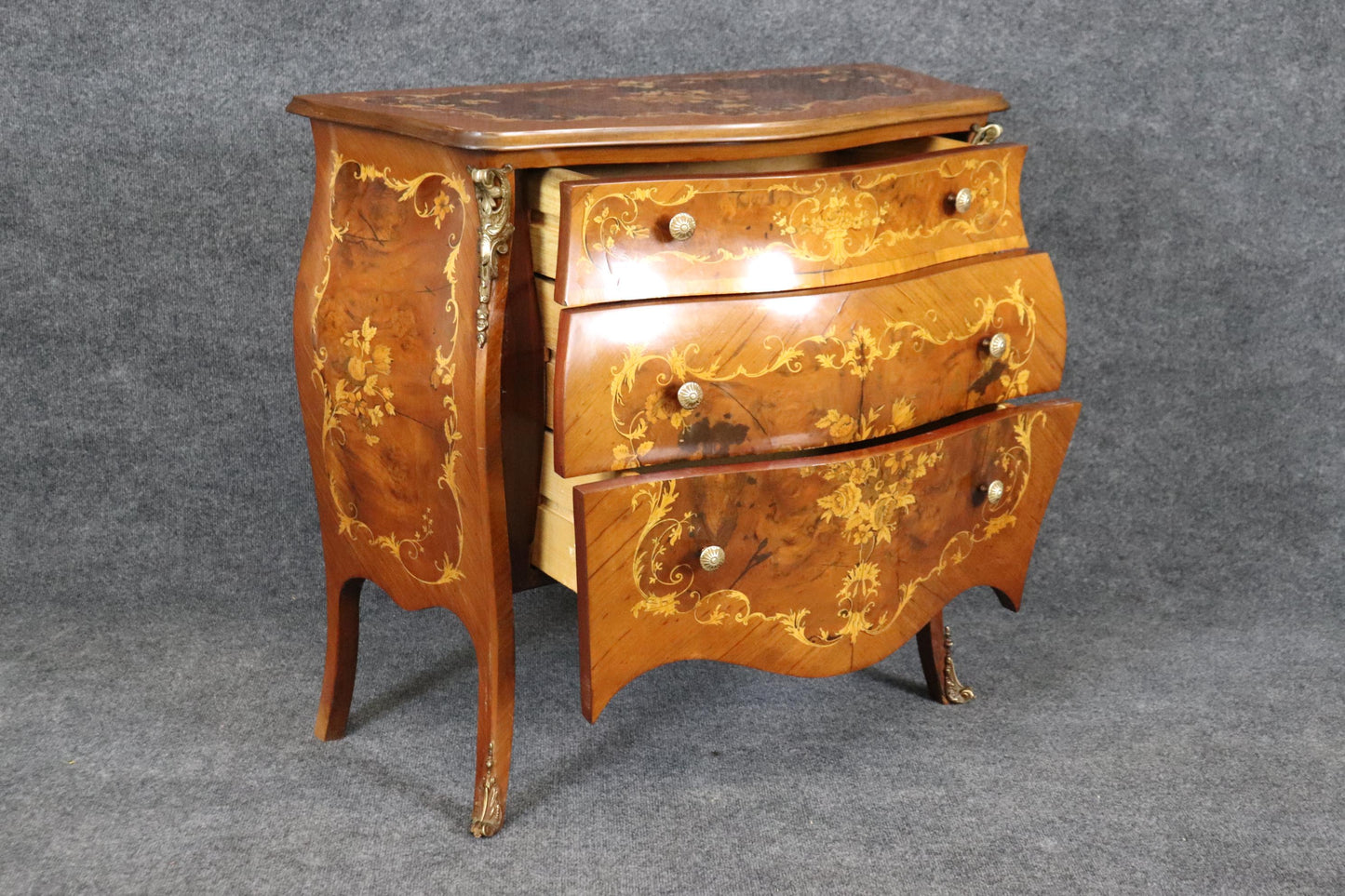 Highly Decorated Bronze Mounted Inlaid Fancy Italian Bombe Form Commode Chest