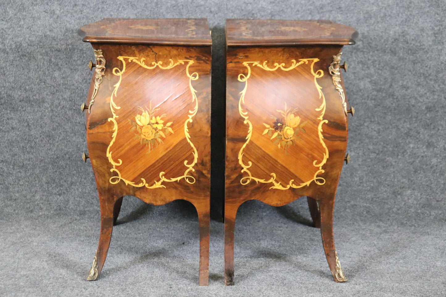 Pair of Inlaid Italian Bombe Night Stands Commodes Circa 1940