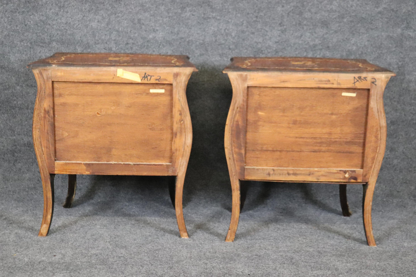 Pair of Inlaid Italian Bombe Night Stands Commodes Circa 1940