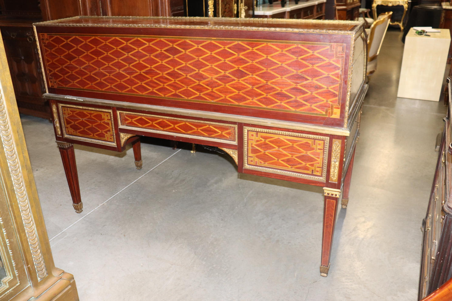 Monumental Inlaid French Bronze Mounted Louis XVI Cylinder Desk Circa 1900