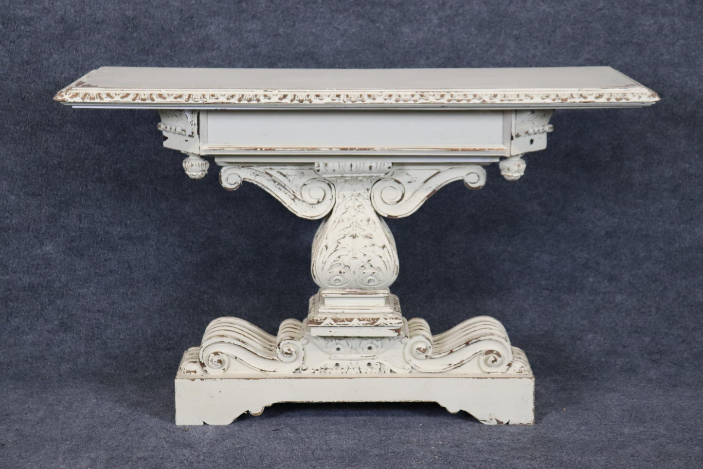 Pair of Distressed White Painted Carved Jacobean Style Console Tables