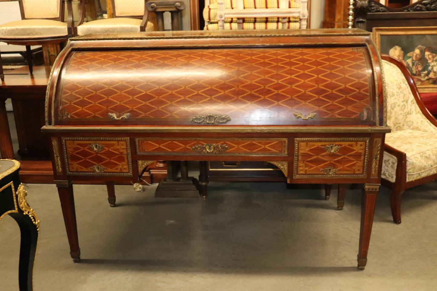 Monumental Inlaid French Bronze Mounted Louis XVI Cylinder Desk Circa 1900