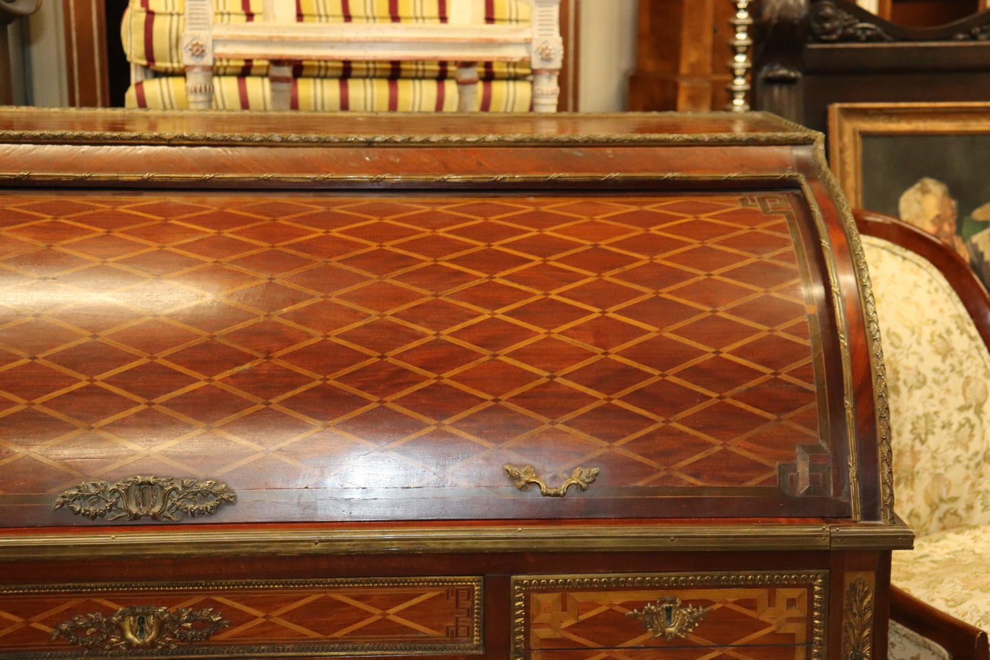 Monumental Inlaid French Bronze Mounted Louis XVI Cylinder Desk Circa 1900