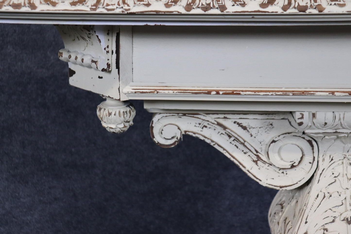 Pair of Distressed White Painted Carved Jacobean Style Console Tables