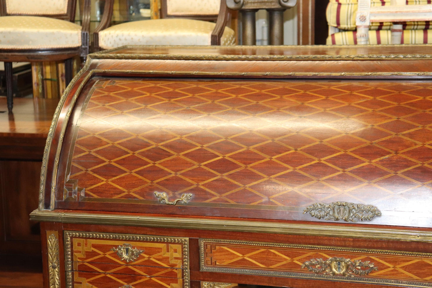 Monumental Inlaid French Bronze Mounted Louis XVI Cylinder Desk Circa 1900