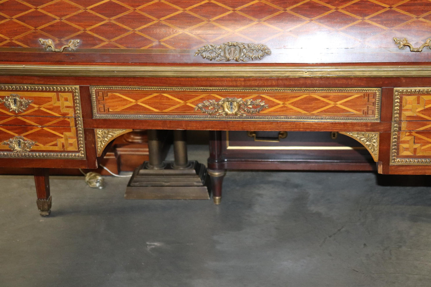 Monumental Inlaid French Bronze Mounted Louis XVI Cylinder Desk Circa 1900