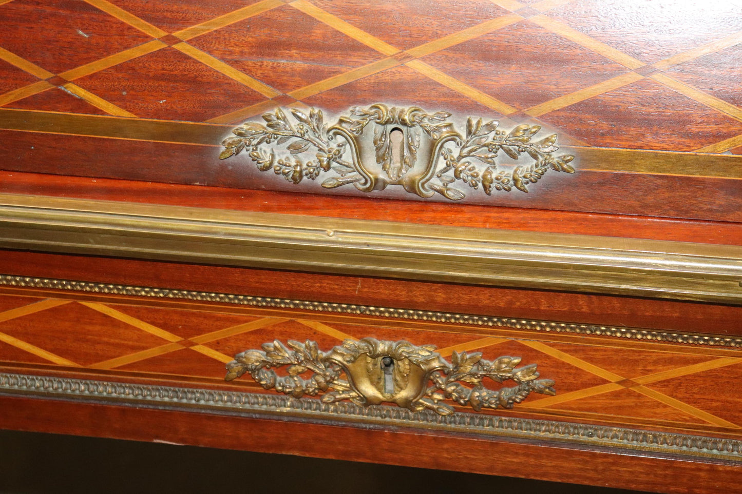 Monumental Inlaid French Bronze Mounted Louis XVI Cylinder Desk Circa 1900