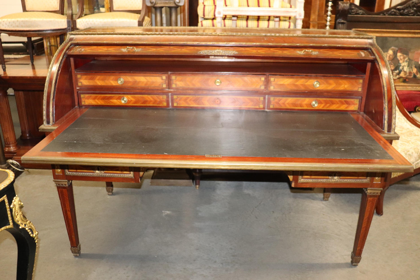 Monumental Inlaid French Bronze Mounted Louis XVI Cylinder Desk Circa 1900