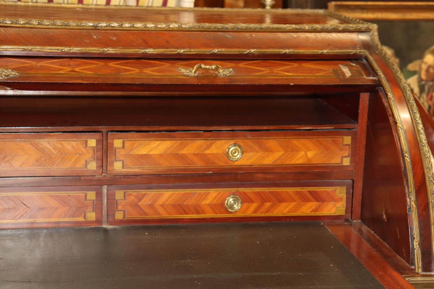 Monumental Inlaid French Bronze Mounted Louis XVI Cylinder Desk Circa 1900