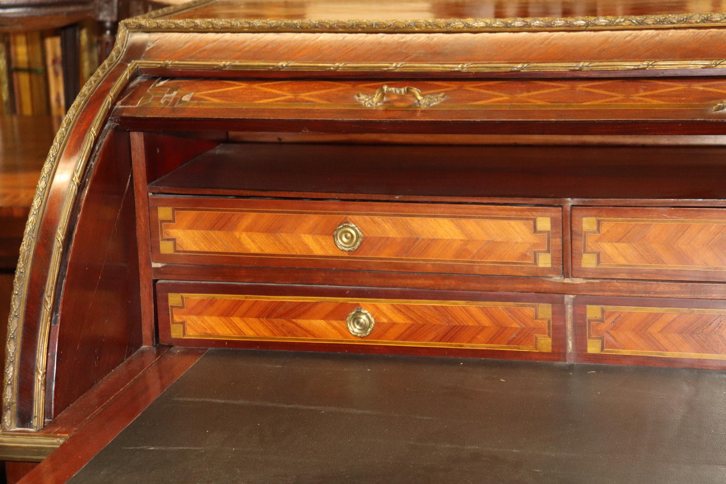 Monumental Inlaid French Bronze Mounted Louis XVI Cylinder Desk Circa 1900