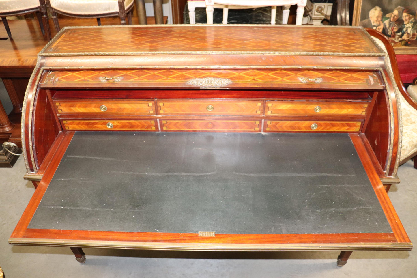 Monumental Inlaid French Bronze Mounted Louis XVI Cylinder Desk Circa 1900