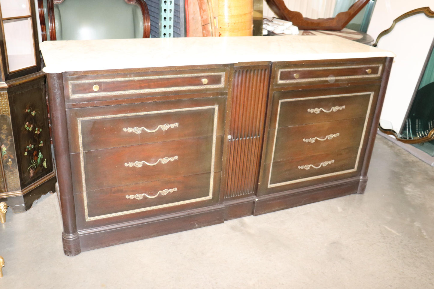 Italian Mahogany Neoclassical Style 1940s era Bronze Mounted Marble Top Dresser