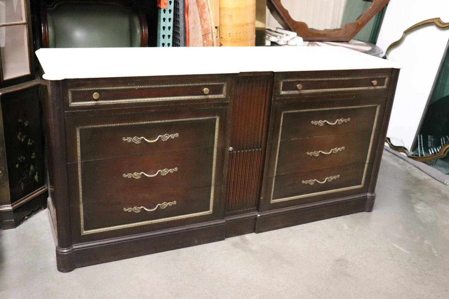 Italian Mahogany Neoclassical Style 1940s era Bronze Mounted Marble Top Dresser