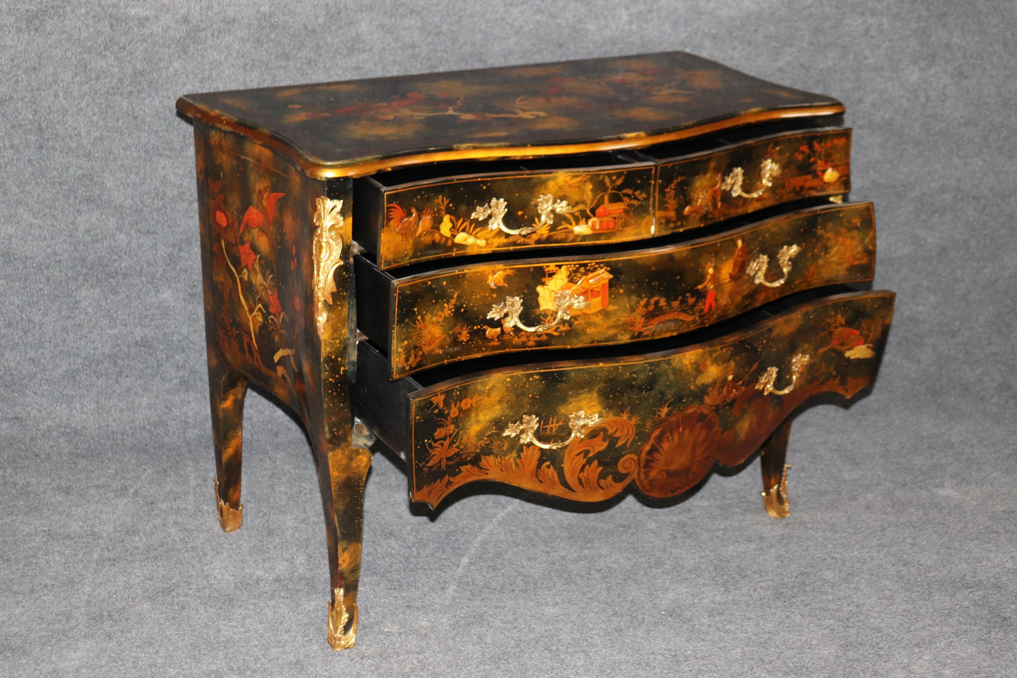 Maitland Smith Attributed Painted Chinoiserie Bombe Louis XV Style Commode