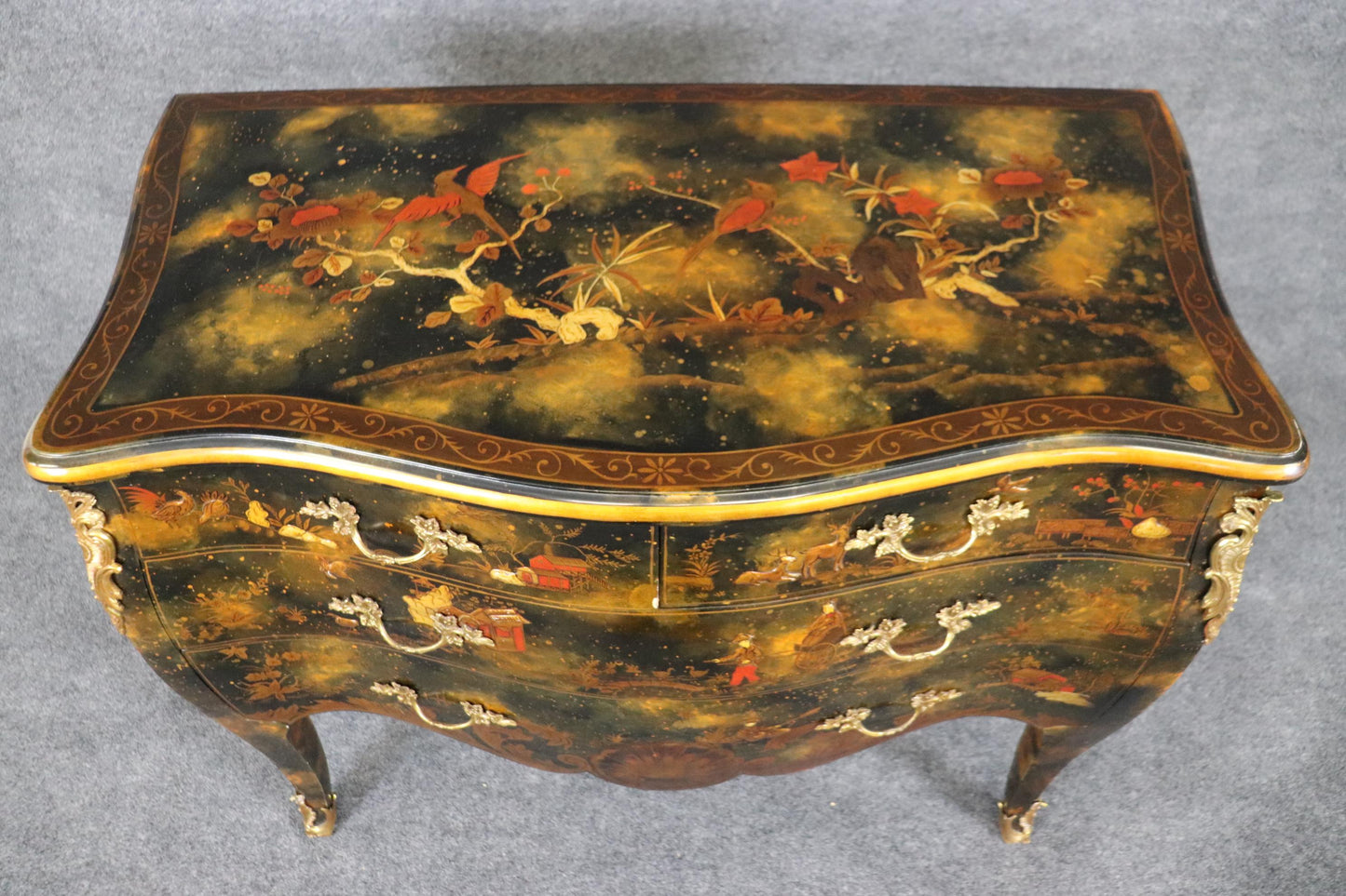 Maitland Smith Attributed Painted Chinoiserie Bombe Louis XV Style Commode