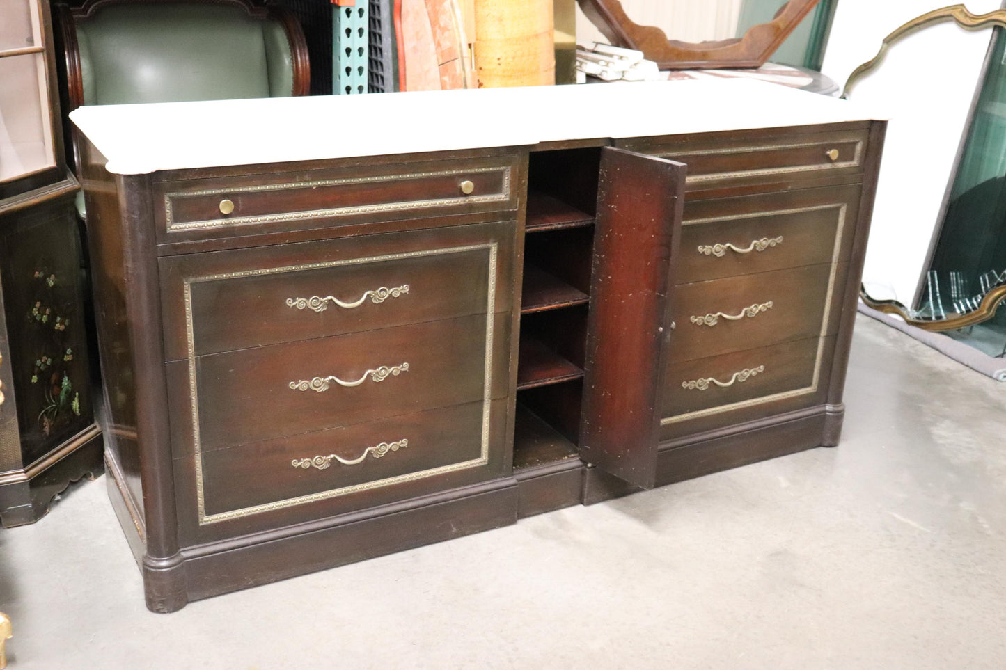 Italian Mahogany Neoclassical Style 1940s era Bronze Mounted Marble Top Dresser