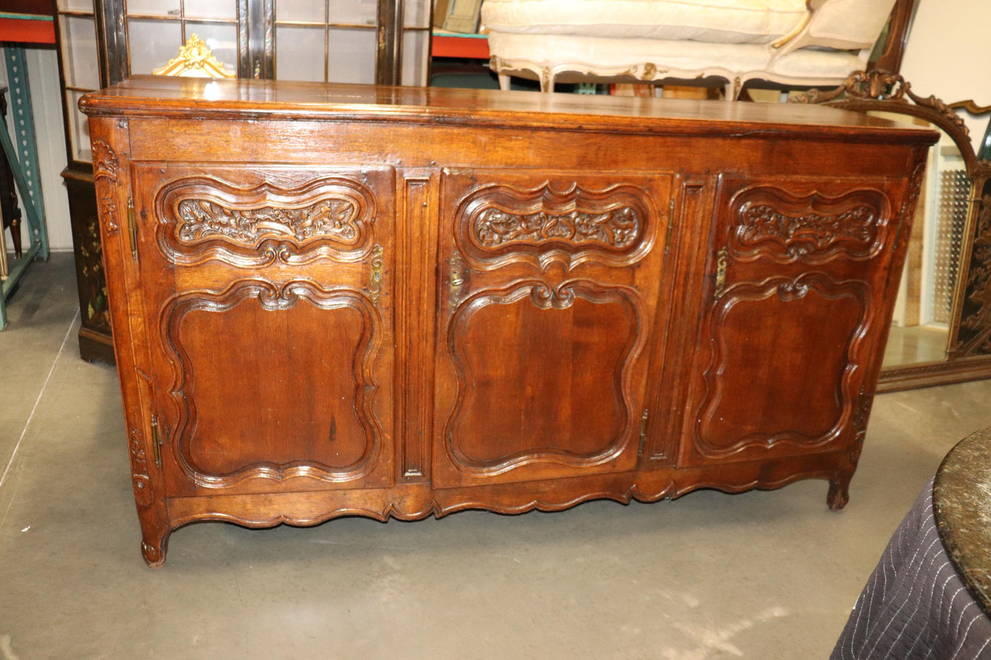 Antique 1770s Era Country French Solid Walnut Carved Sideboard Buffet