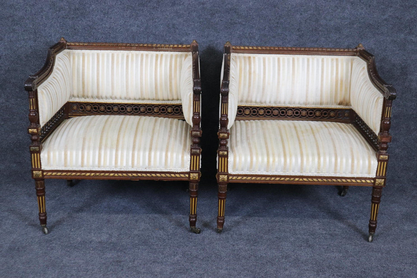 Pair Rare Precisely Carved French Louis XVI Style Gilded Walnut Bergere Chairs