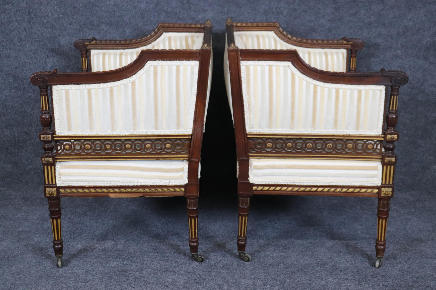 Pair Rare Precisely Carved French Louis XVI Style Gilded Walnut Bergere Chairs