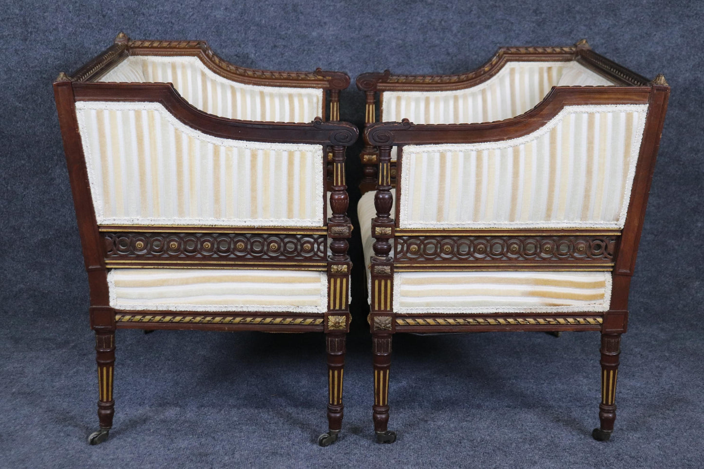 Pair Rare Precisely Carved French Louis XVI Style Gilded Walnut Bergere Chairs