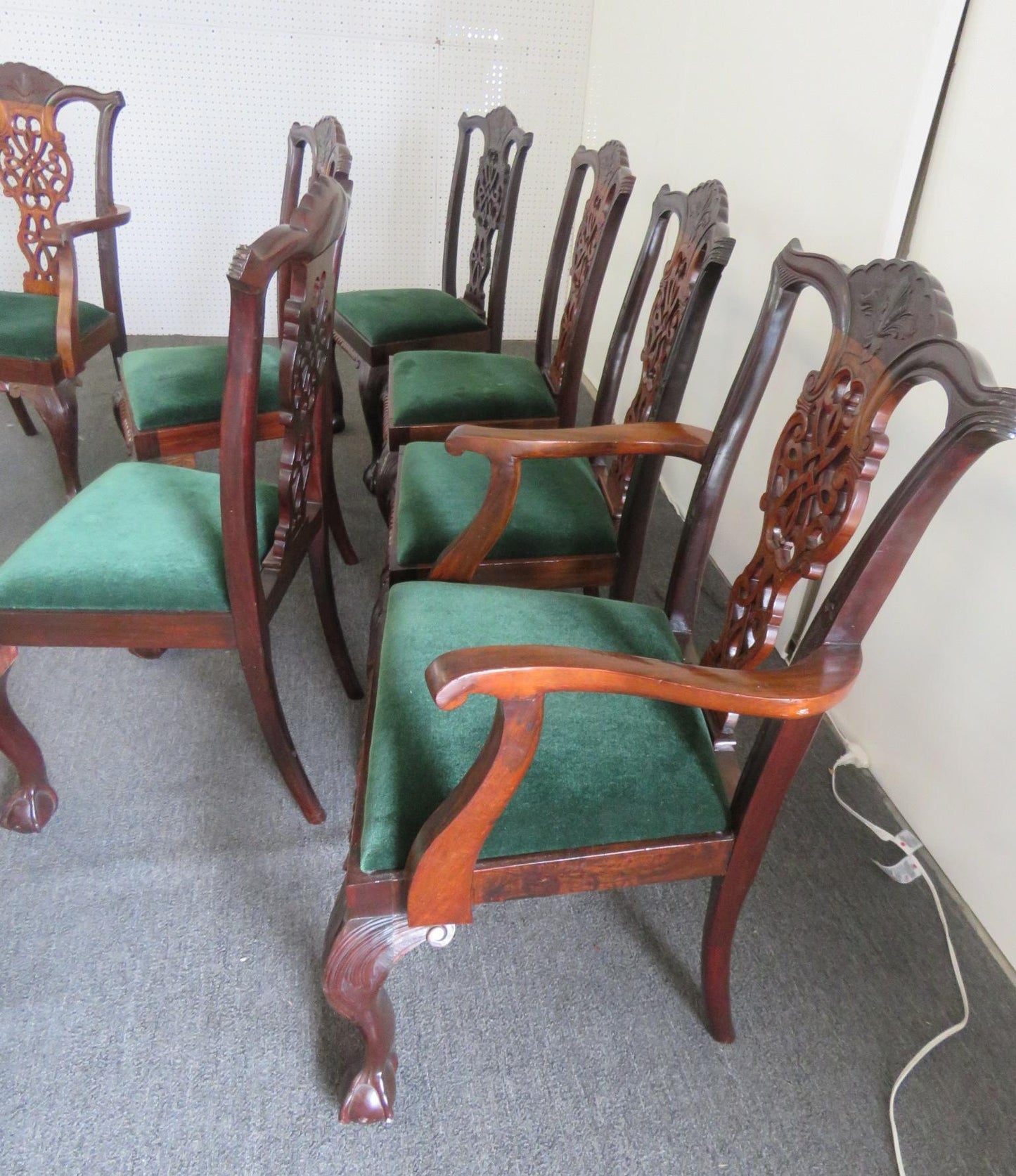 Set of 8 Finely Carved Solid Mahogany Georgian Style Dining Chairs C1920s