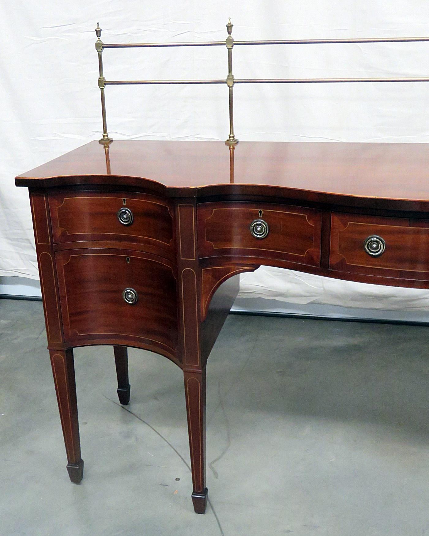 Sheraton Style Inlaid Mahogany Sideboard Server Buffet with Brass Gallery