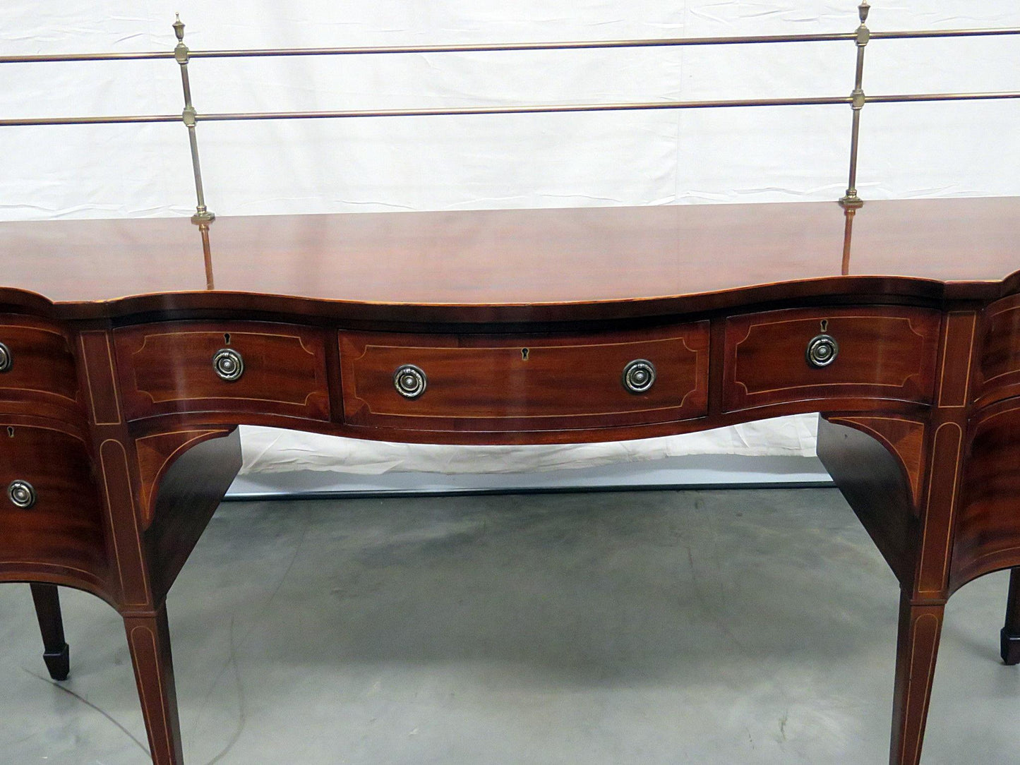 Sheraton Style Inlaid Mahogany Sideboard Server Buffet with Brass Gallery