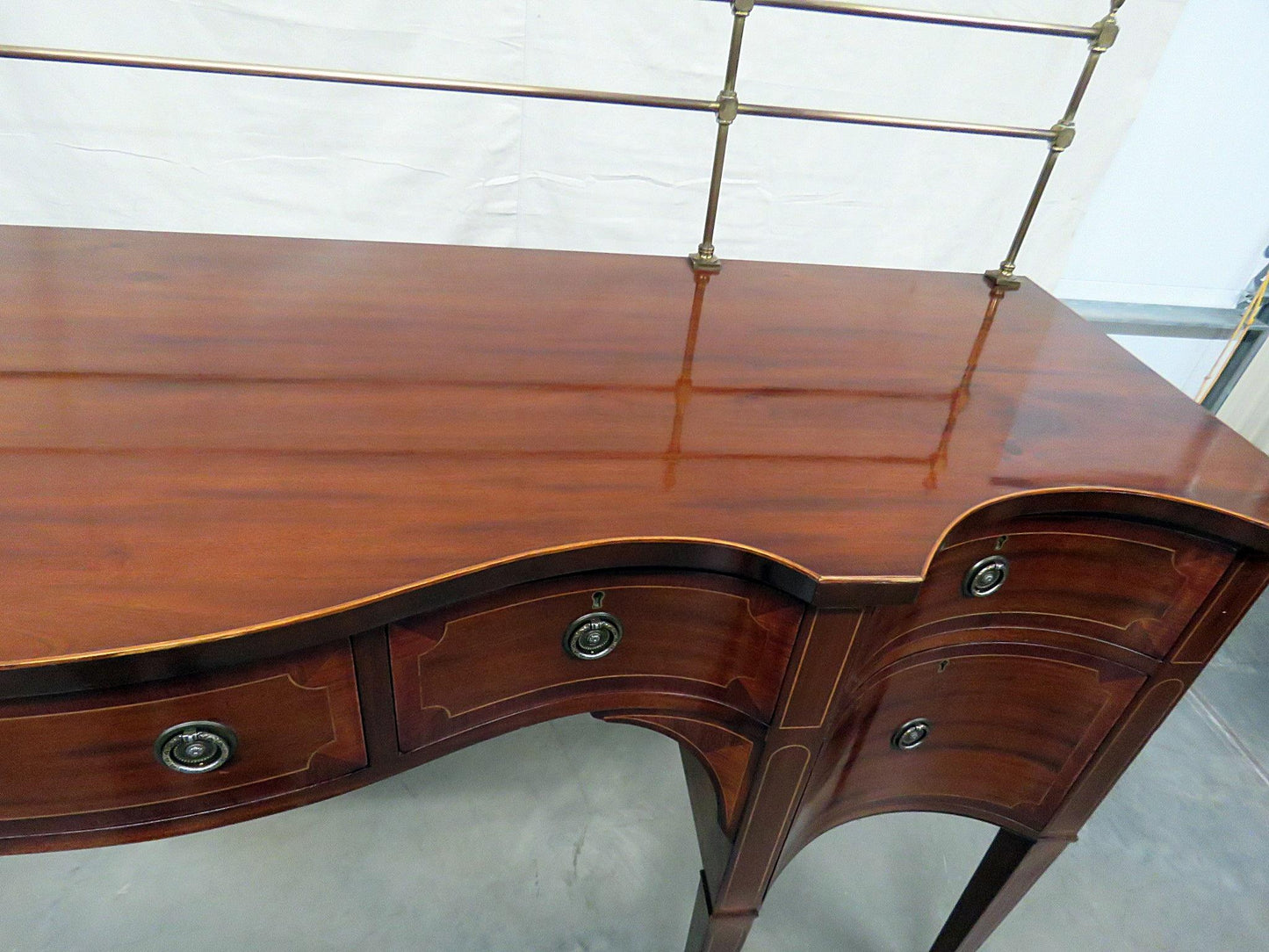 Sheraton Style Inlaid Mahogany Sideboard Server Buffet with Brass Gallery