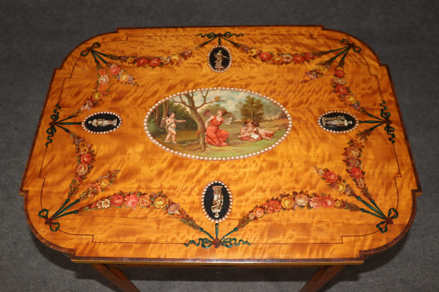 Superb 19th Century Adams Paint Decorated Satinwood English Center Table