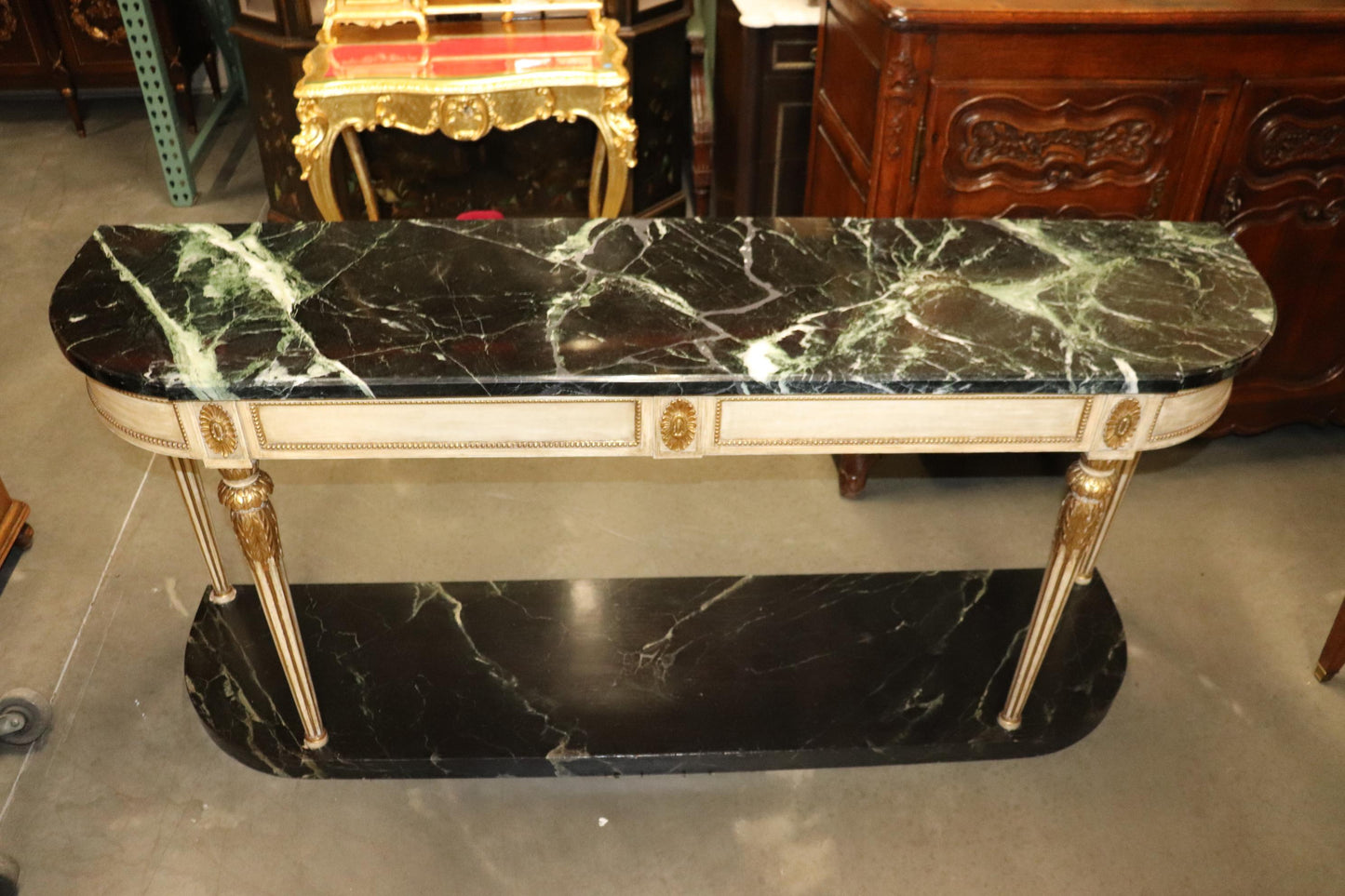 Signed Maison Jansen Verdi Green Marble Creme Painted Gilded Console Sideboard